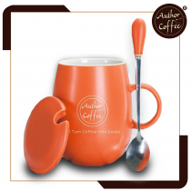 橘色_創意手工陶瓷咖啡杯_帶蓋和勺_400ML Creative Ceramic Coffee Cup (Orange)