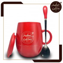 紅色_創意手工陶瓷咖啡杯_帶蓋和勺_400ML