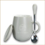 灰色_創意手工陶瓷咖啡杯 帶蓋和勺_400ML